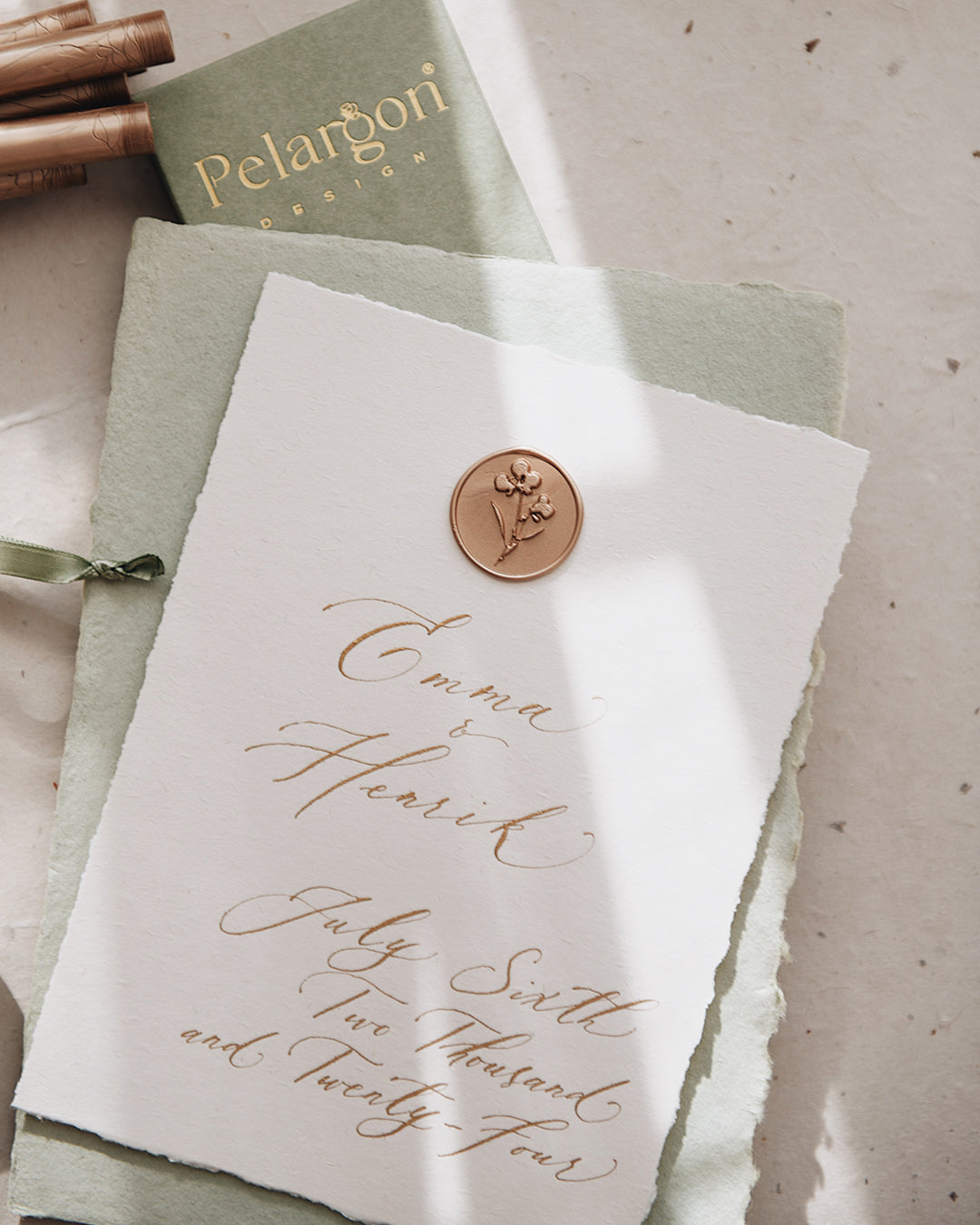 pelargon design gold flower pelargon wax-seals-wedding_invitation green cotton paper