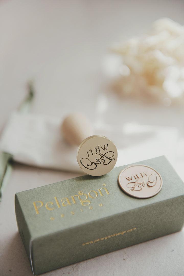 pelargondesign-gold_with love_-wax-seal-stamp wedding_invitation green packaging