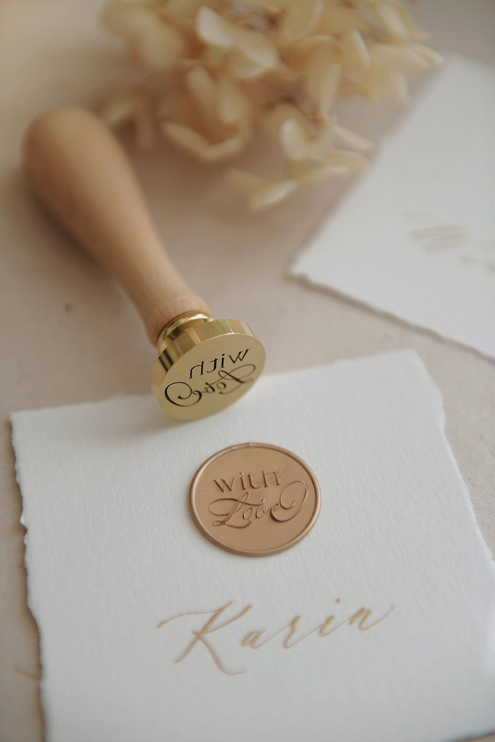 pelargondesign-with love_-wax-seal-stamp on white cotton paper place card