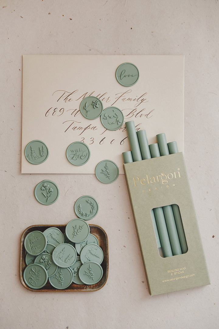 pelargon design-sage green-glue-gun-sealing-wax-sticks-wax-seals-for_wedding_invitation
